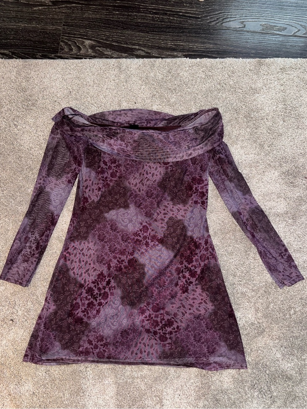 Urban Outfitters Plum Patterned Off-Shoulder Long Sleeve Dress